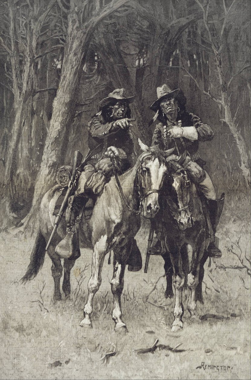Skauci Czejenów patrolujący Big Timber w Północnym Kanadzie, Oklahoma autorstwa Frederic Remington