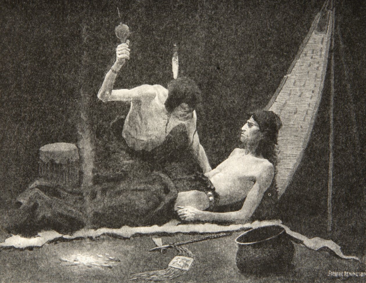 I can blow you strong, my brother, I can heal you, Hiawatha!, z The Song of Hiawatha Henry Wadsworth Longfellow (1807-82), pub. przez George G. Harrap und Company Ltd., 1911 autorstwa Frederic Remington