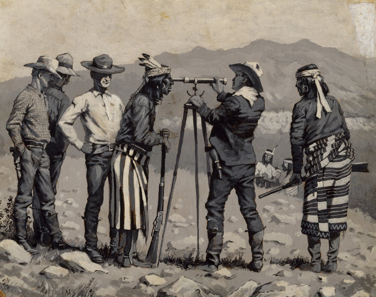 Spojrzenie przez teleskop, ok. 1888 (olej na desce, czarno-biały) autorstwa Frederic Remington