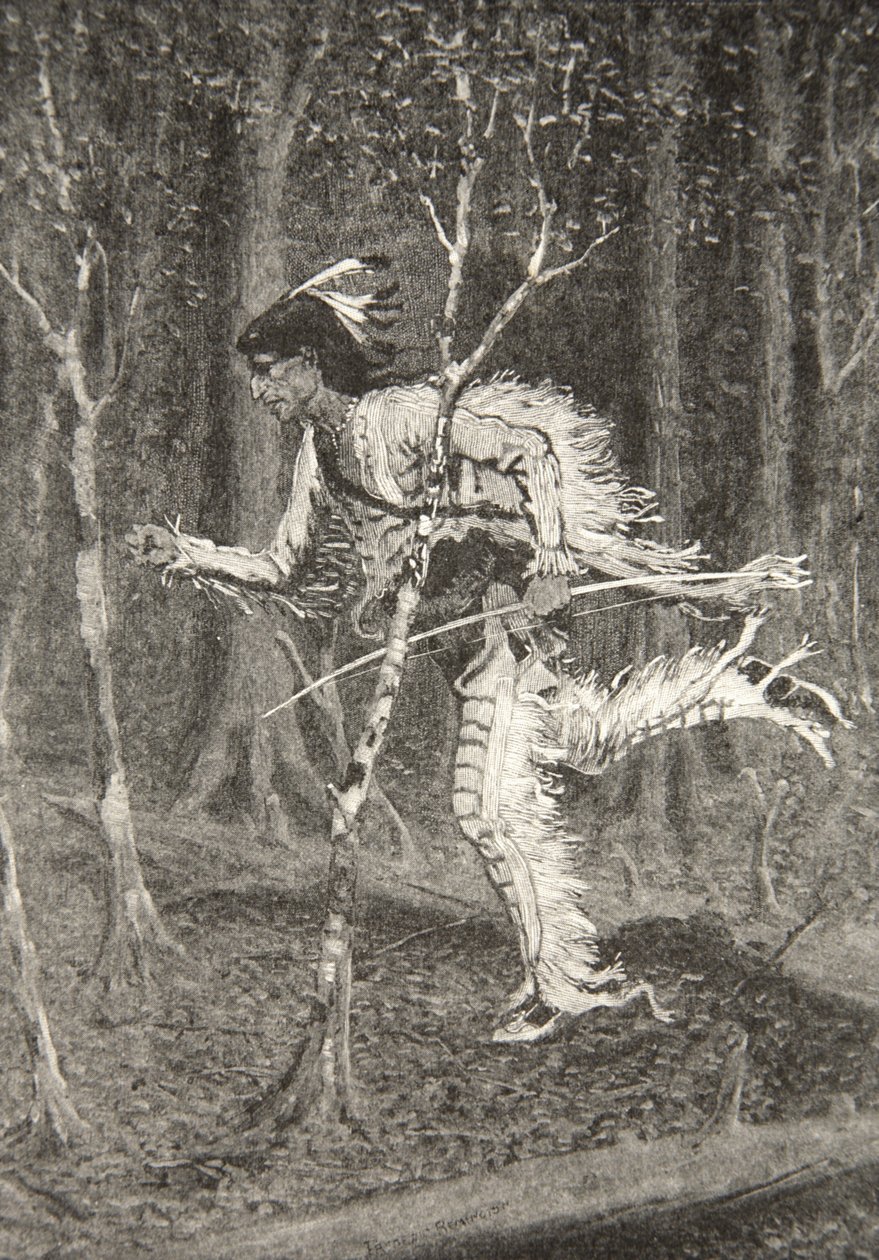 Przez busz, hamak i las, biegł przebiegły Pau-Puk-Keewis, z Pieśni o Hiawatha Henry Wadsworth Longfellow (1807-82), opublikowanej przez George G. Harrap und Company Ltd., 1911 autorstwa Frederic Remington