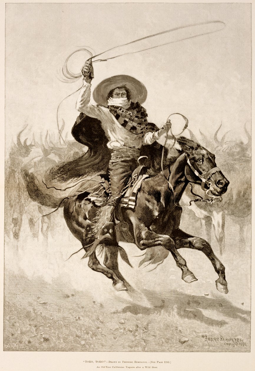 Toro, Toro!, Stary kalifornijski Vaquero za dzikim wołem (drzeworyt na papierze gazetowym) autorstwa Frederic Remington