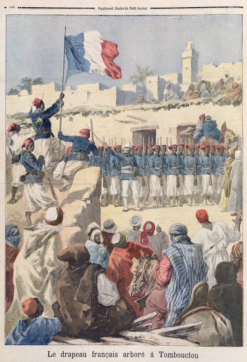 Podnoszenie francuskiej flagi w Timbuktu (Mali) z „Le Petit Journal”, luty 1894 r. autorstwa Frederic Theodore Lix
