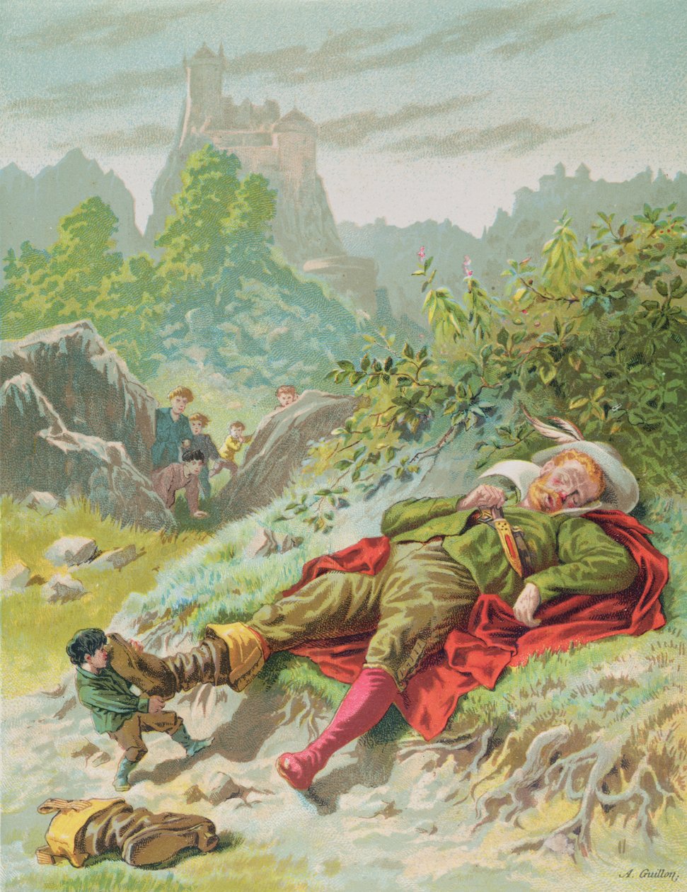 Tom Thumb zdejmujący buty Ogra, ilustracja do 