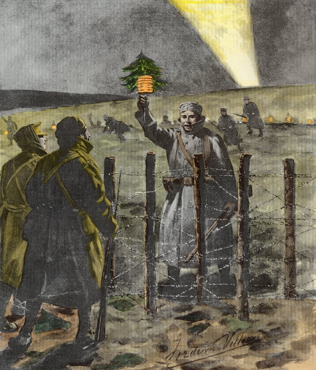Rozejm bożonarodzeniowy z 1914 r., opublikowany w 1915 r. (późniejsze zabarwienie) autorstwa Frederic Villiers