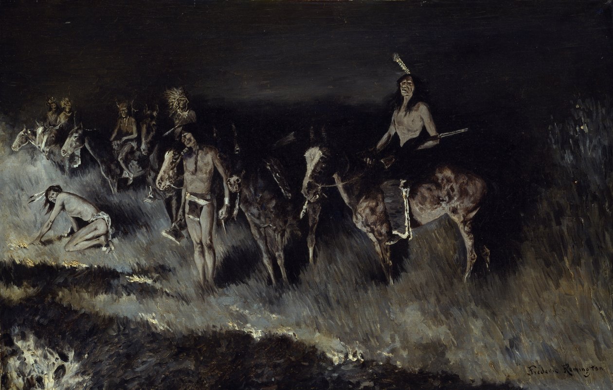 Pożar trawy (odpalanie), 1908 autorstwa Frederic Remington