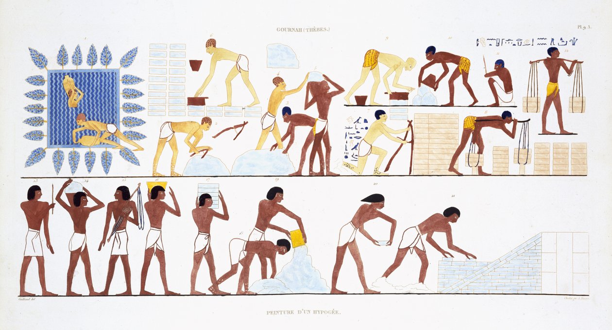 Brick-Making, from a Rare Record of Frescoes from Thebes, nagrany w latach 1819-1822 podczas jego drugiej wizyty w Egipcie przez Frederica Cailliauda (1787-1869), litografia kolorowa autorstwa Frederic (after) Cailliaud
