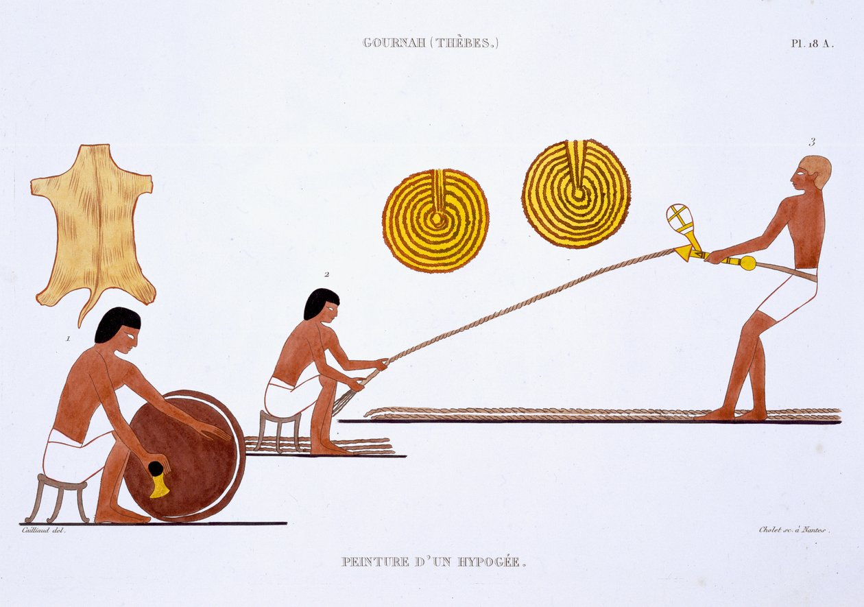Tanner e Ropemaker, de um registro raro de afrescos de Tebas, registrado em 1819-1822 em sua segunda visita ao Egito por Frederic Cailliaud (1787-1869), litopolimento colorido autorstwa Frederic (after) Cailliaud