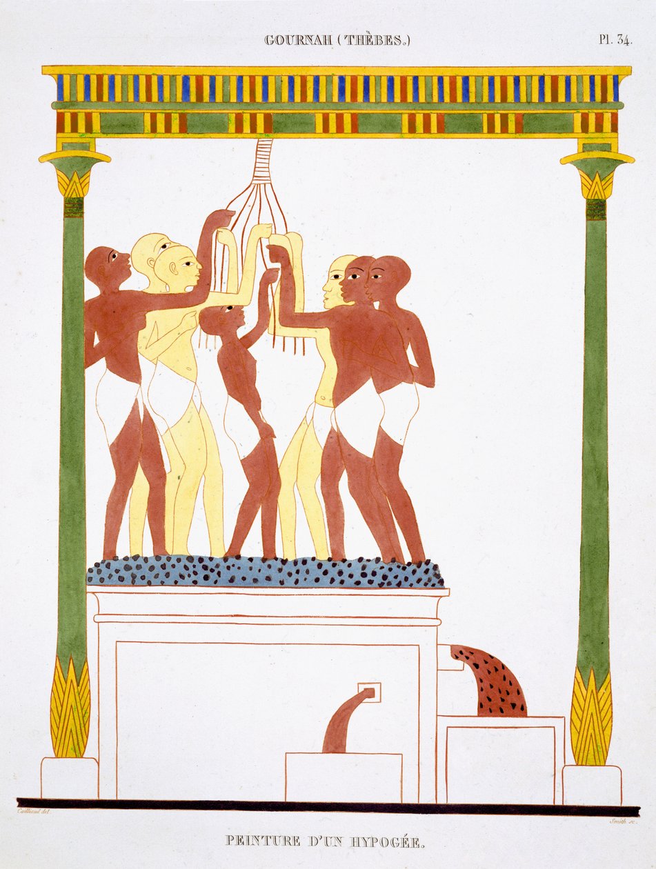 Treading Grapes, from a Rare Record of Frescoes from Thebes, nagrany w latach 1819-1822 podczas jego drugiej wizyty w Egipcie przez Frederica Cailliauda (1787-1869), litografia kolorowa autorstwa Frederic (after) Cailliaud