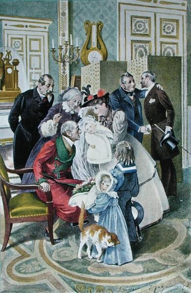 Wizyta u dziadków, wg oryginalnej akwareli, koniec XIX w. (litografia barwna) autorstwa Frederic (after) Regamey