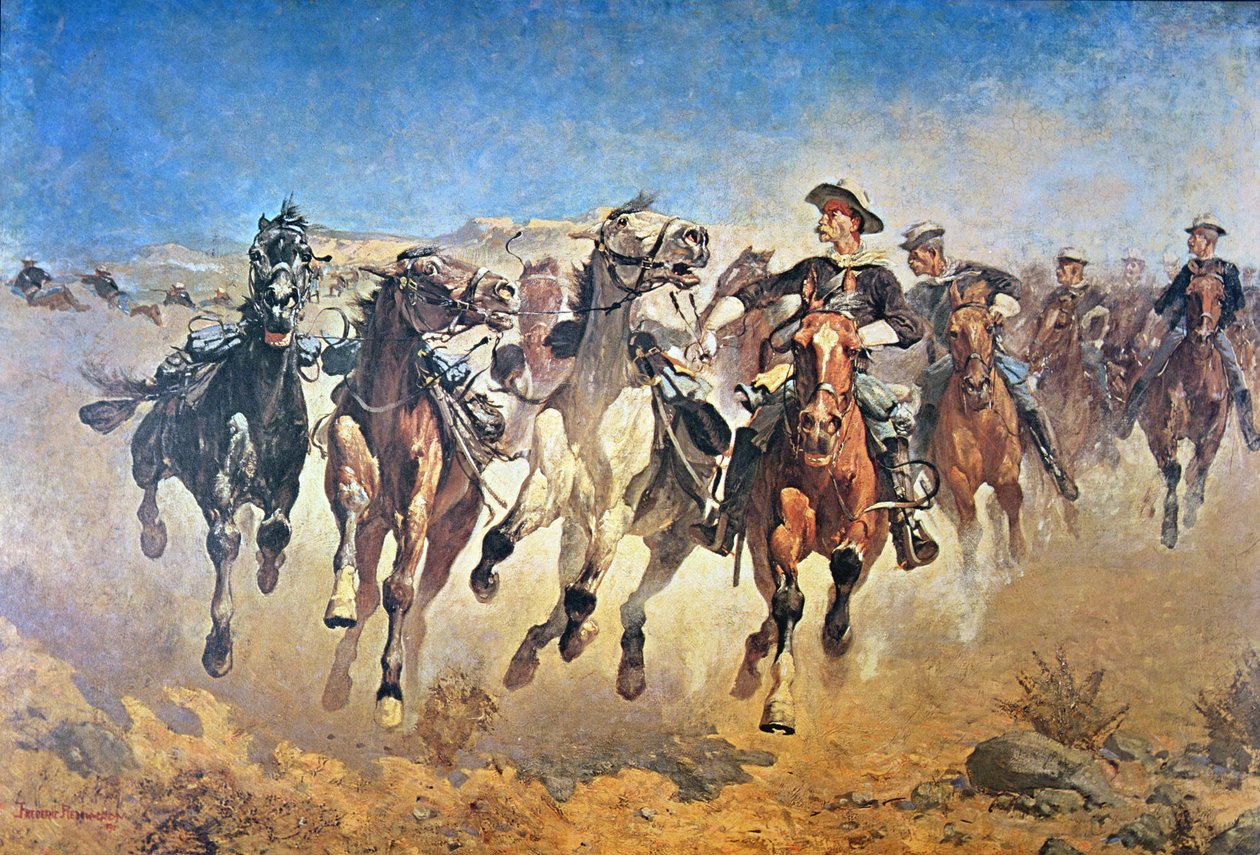 Zdemontowane: 4th Troopers Moving, oryginalnie pomalowany 1890 (kolor lito) autorstwa Frederic (after) Remington