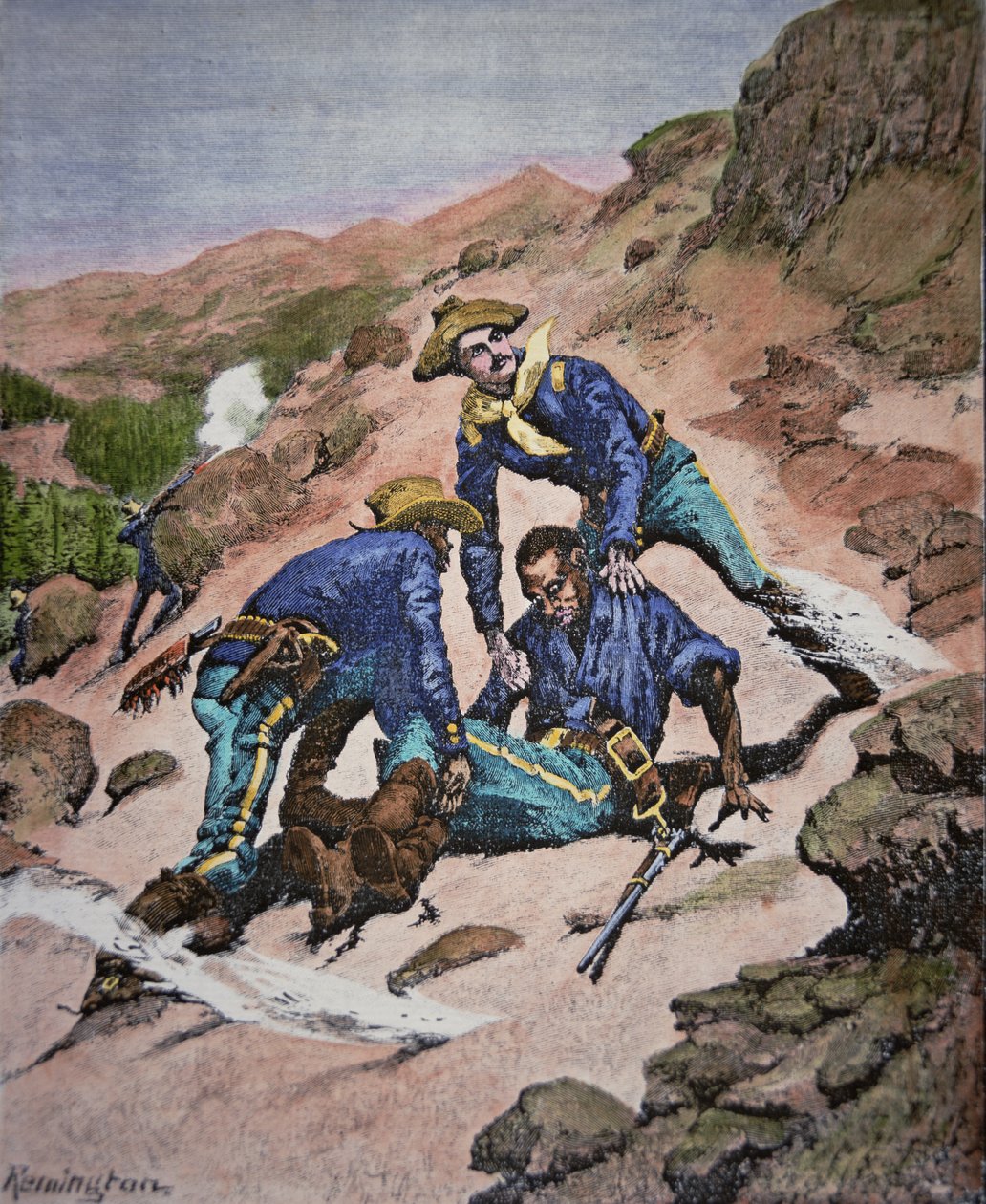 Ratunek kaprala Scotta podczas kampanii Geronimo 1886 (kolorowe grawerowanie) autorstwa Frederic (after) Remington