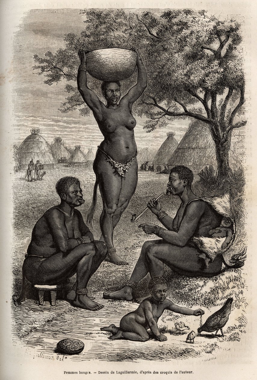 Rodzaje i działalność kobiet Bongos (Sudan Środkowy), z metalowymi zdobieniami, dzwoneczkami i zszywkami zakładanymi na uszy i usta, grawerowane według rysunku Laguillermie, ilustrującego podróż do serca Afryki w latach 1868-1871, autorstwa dr. Jerzy autorstwa Frederic Auguste Laguillermie
