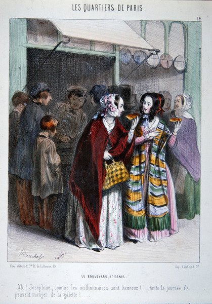 Dwóch Paryżan jedzących ciasto na bulwarze St. Denis, ilustracja z serii „Les Quartiers de Paris” (kolor litho) autorstwa Frederic Bouchot