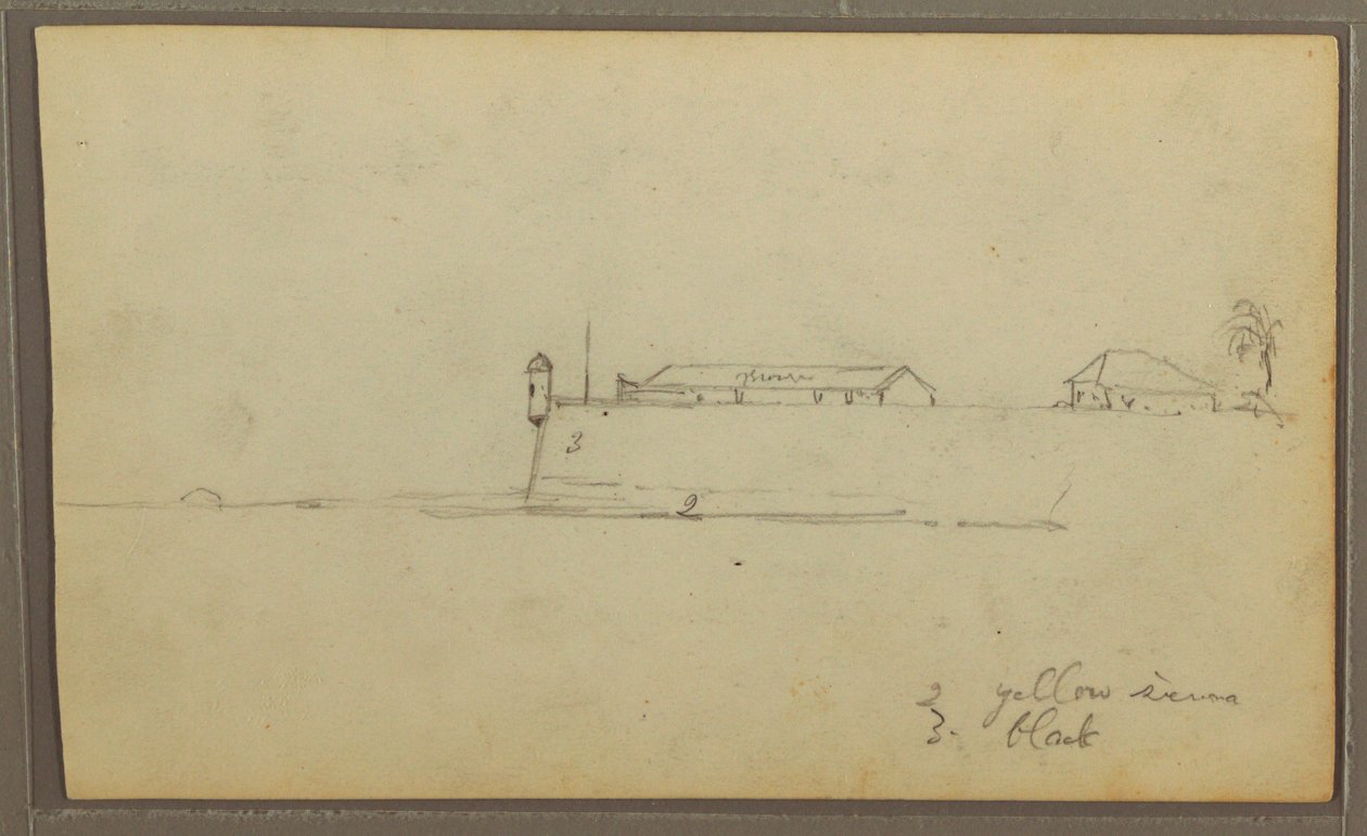 Rysunek, Fort; Verso: Szkice botaniczne, Dom, 1857 r. autorstwa Frederic Edwin Church