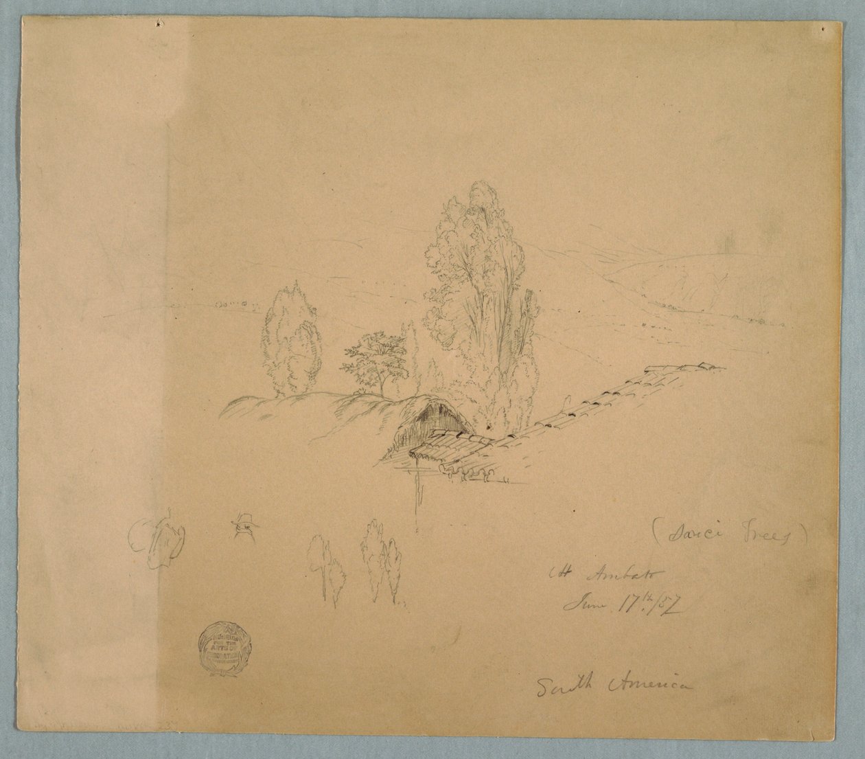 Rysunek, dach kryty strzechą i dachówką z wierzchołkami drzew w górskim krajobrazie w pobliżu Chimborazo, Ambato, Ekwador, 17 czerwca 1857 r. autorstwa Frederic Edwin Church