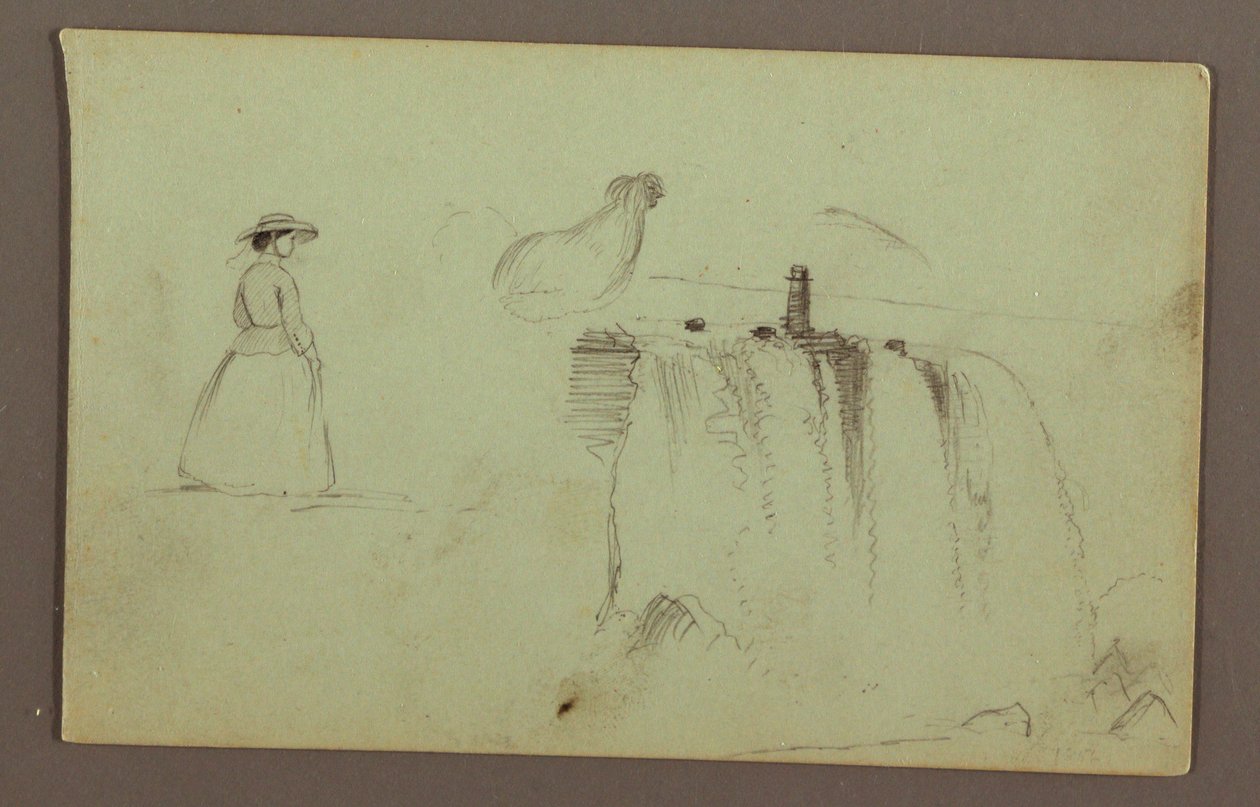 Rysunek przedstawiający idącą dziewczynę, przykucniętego kurczaka i wodospad American Falls na rzece Niagara, prawdopodobnie 1856 r. autorstwa Frederic Edwin Church