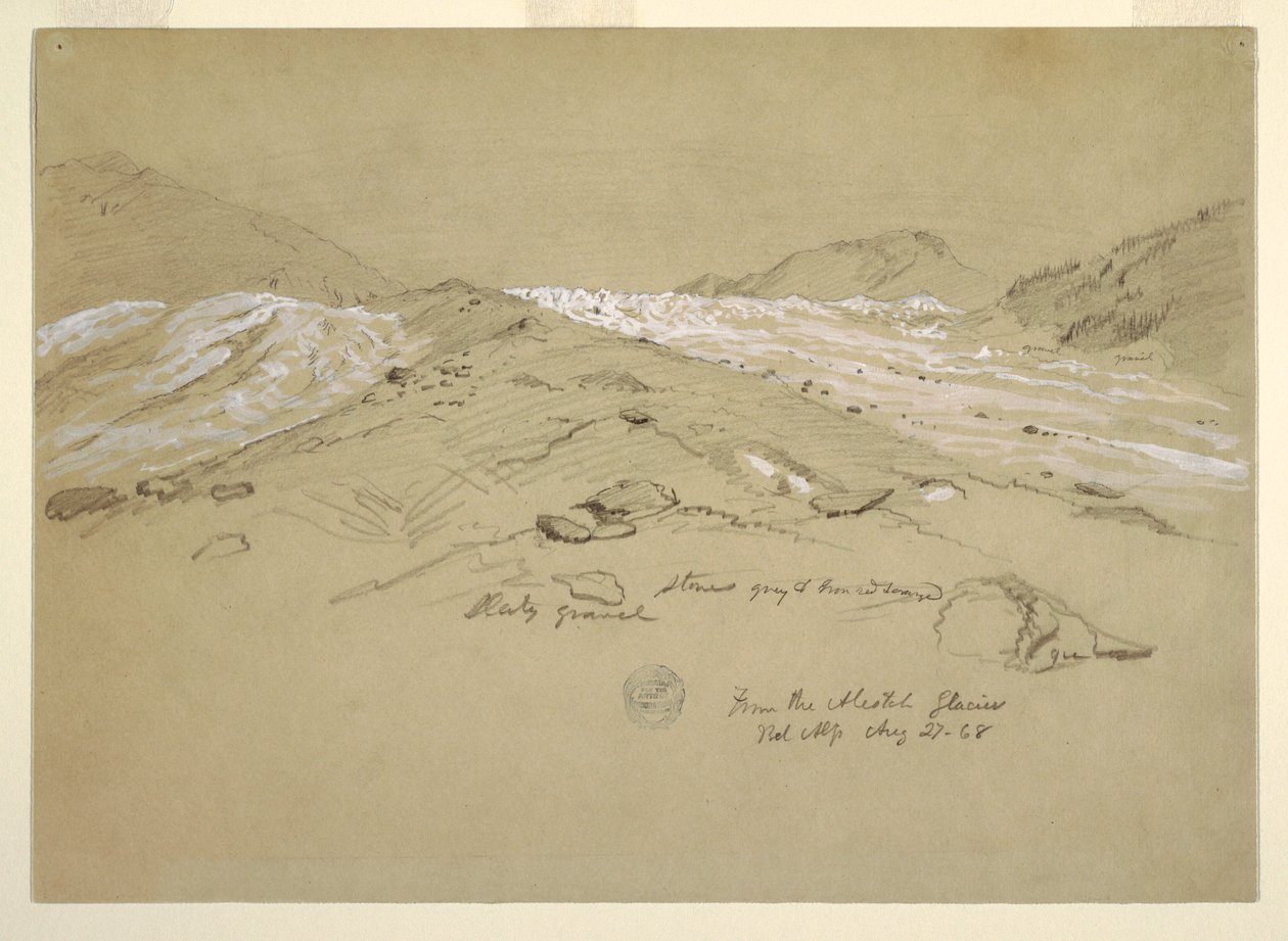 Rysunek, lodowiec Aletsch, Alpy Berneńskie, Szwajcaria, 28 sierpnia 1868 r. autorstwa Frederic Edwin Church