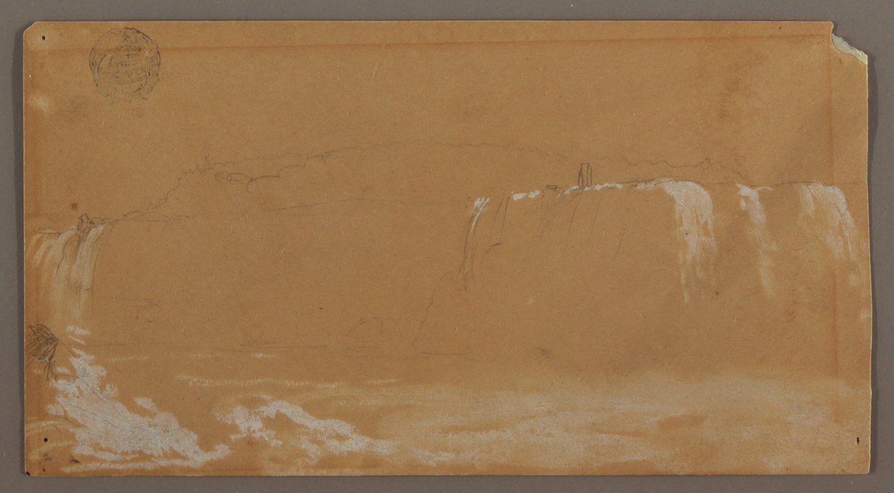 Rysunek przedstawiający wodospad American Falls, wyspę Goat Island i część wodospadu Horseshoe Falls widziane z kanadyjskiego brzegu rzeki Niagara, prawdopodobnie 1858 r. autorstwa Frederic Edwin Church
