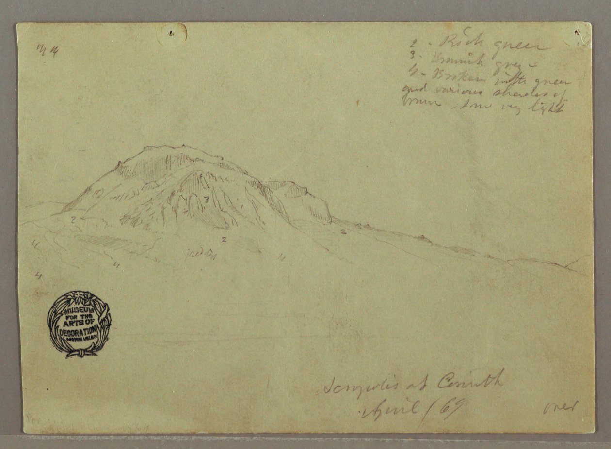 Rysunek, nagie wzgórze, Akropol w Koryncie, Grecja, kwiecień 1869 r. autorstwa Frederic Edwin Church