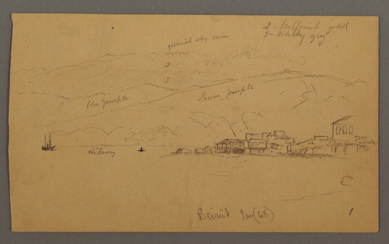 Rysunek, Zatoka z domami, góry z tyłu, styczeń 1868 r. autorstwa Frederic Edwin Church