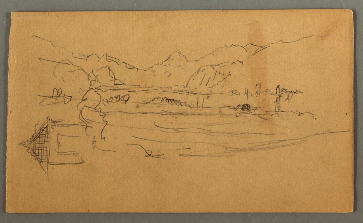 Rysunek, szeroka dolina, szopa, St. Gilgen, Austria, prawdopodobnie 1868 r. autorstwa Frederic Edwin Church