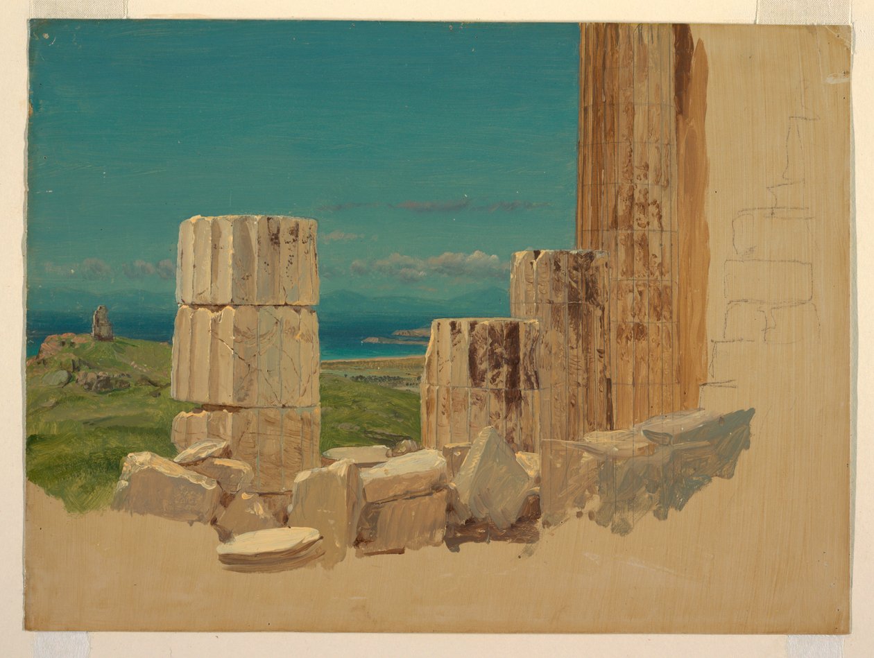 Rysunek, Złamane kolumny, widok z Partenonu, Ateny, kwiecień 1869 r. autorstwa Frederic Edwin Church