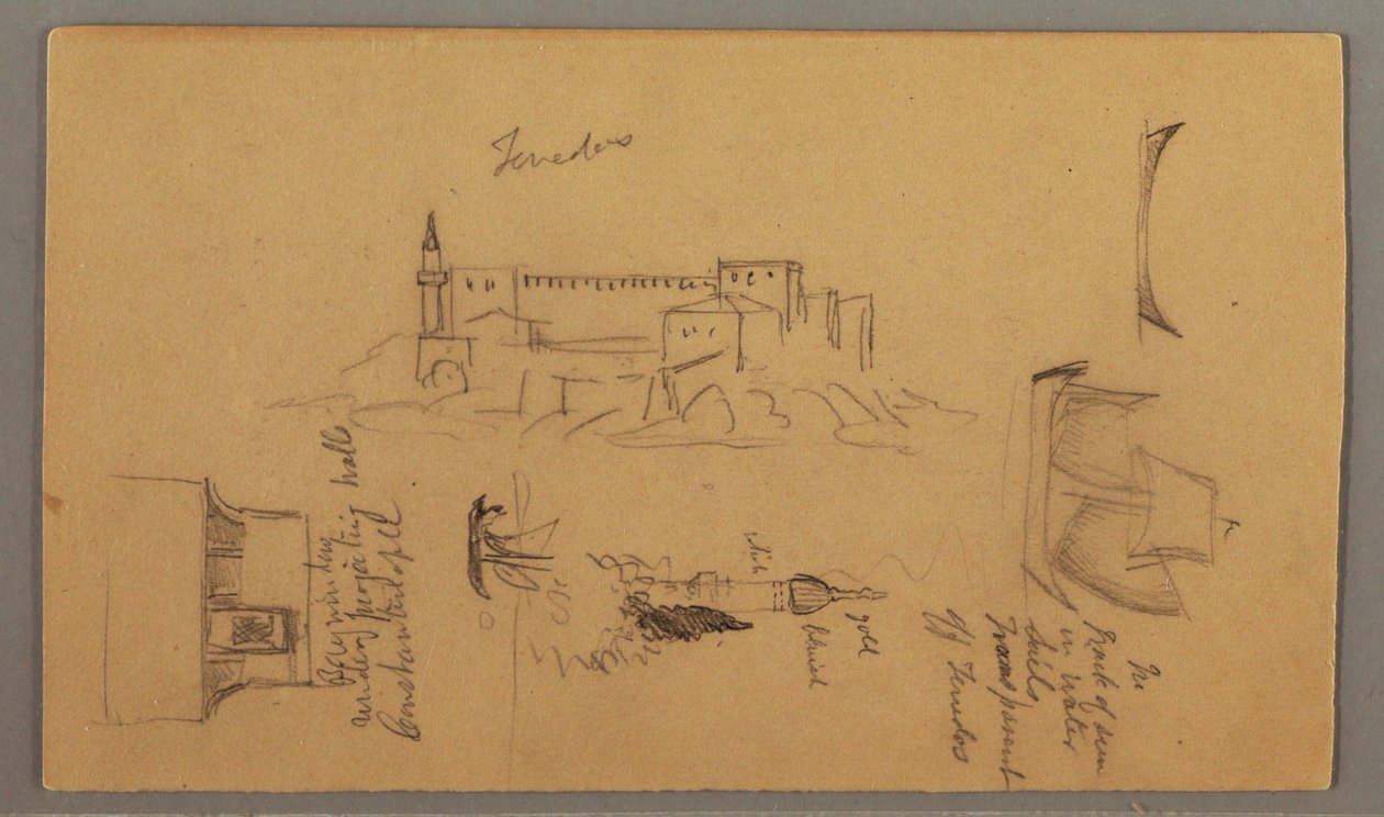 Rysunek, zamek, minaret, żaglówki, dom, maj 1868 r. autorstwa Frederic Edwin Church