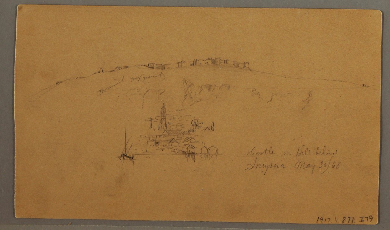 Rysunek, zamek, minaret, żaglówki, dom, maj 1868 r. autorstwa Frederic Edwin Church
