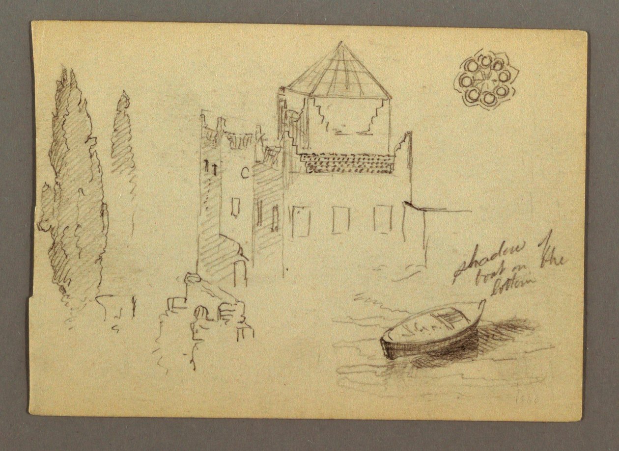 Rysunek, Zamek nad wodą, łódź, drzewa, prawdopodobnie 1868 r. autorstwa Frederic Edwin Church