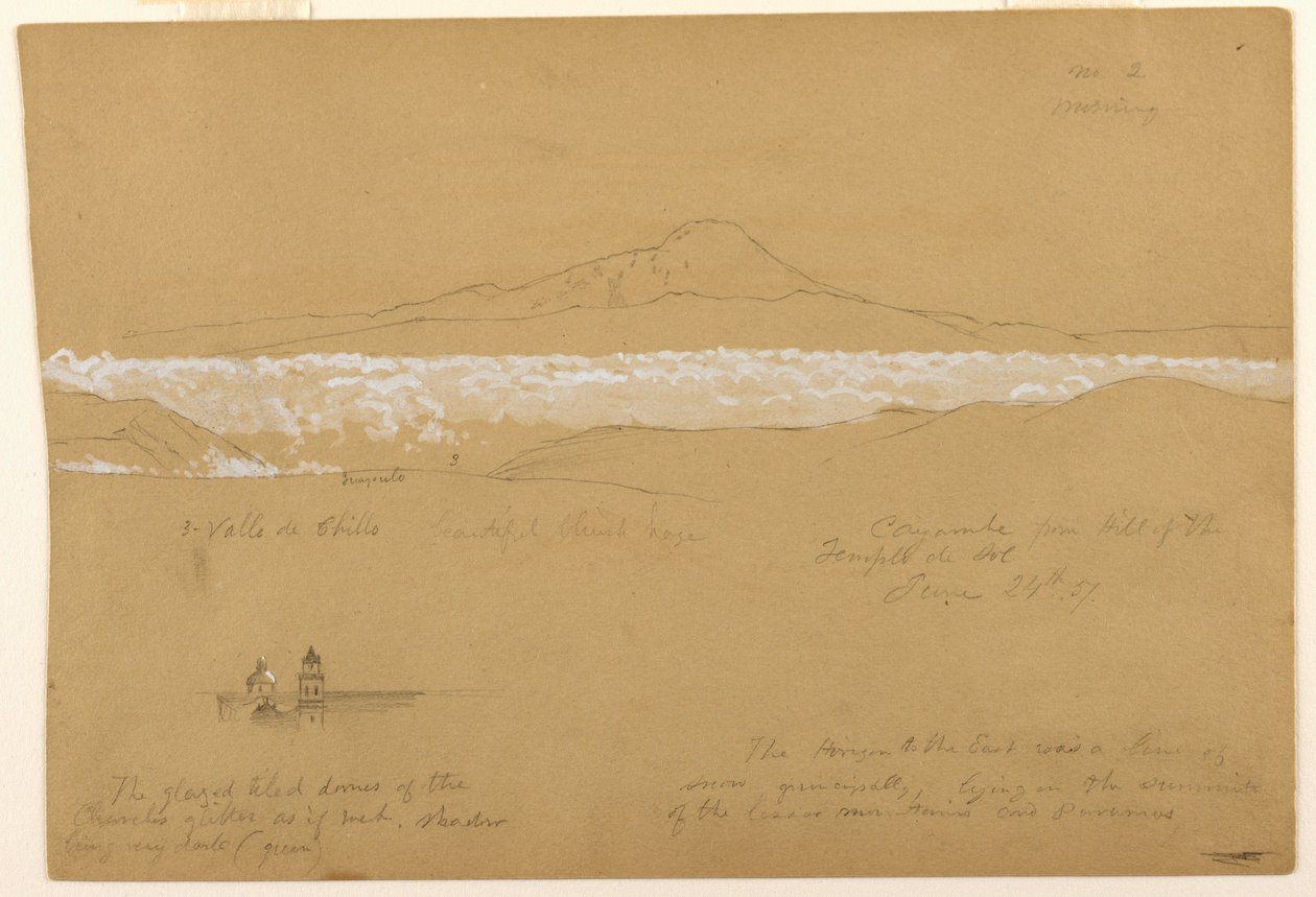 Rysunek, Cayambé, poranek, ze Świątyni Słońca, Quito, 24 czerwca 1857 r. autorstwa Frederic Edwin Church