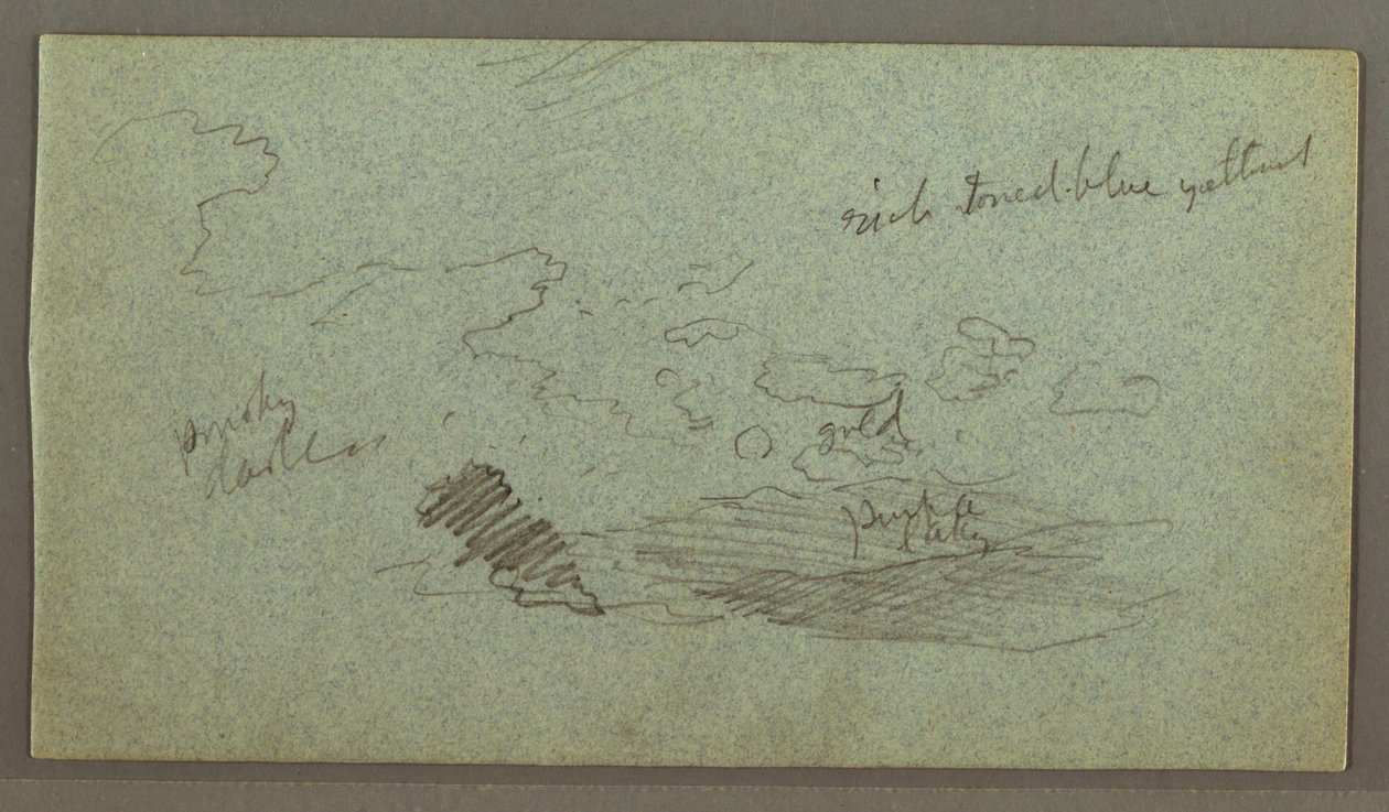 Rysunek, Chmury nad pasmem wzgórz, niskie słońce, prawdopodobnie 1874 r. autorstwa Frederic Edwin Church