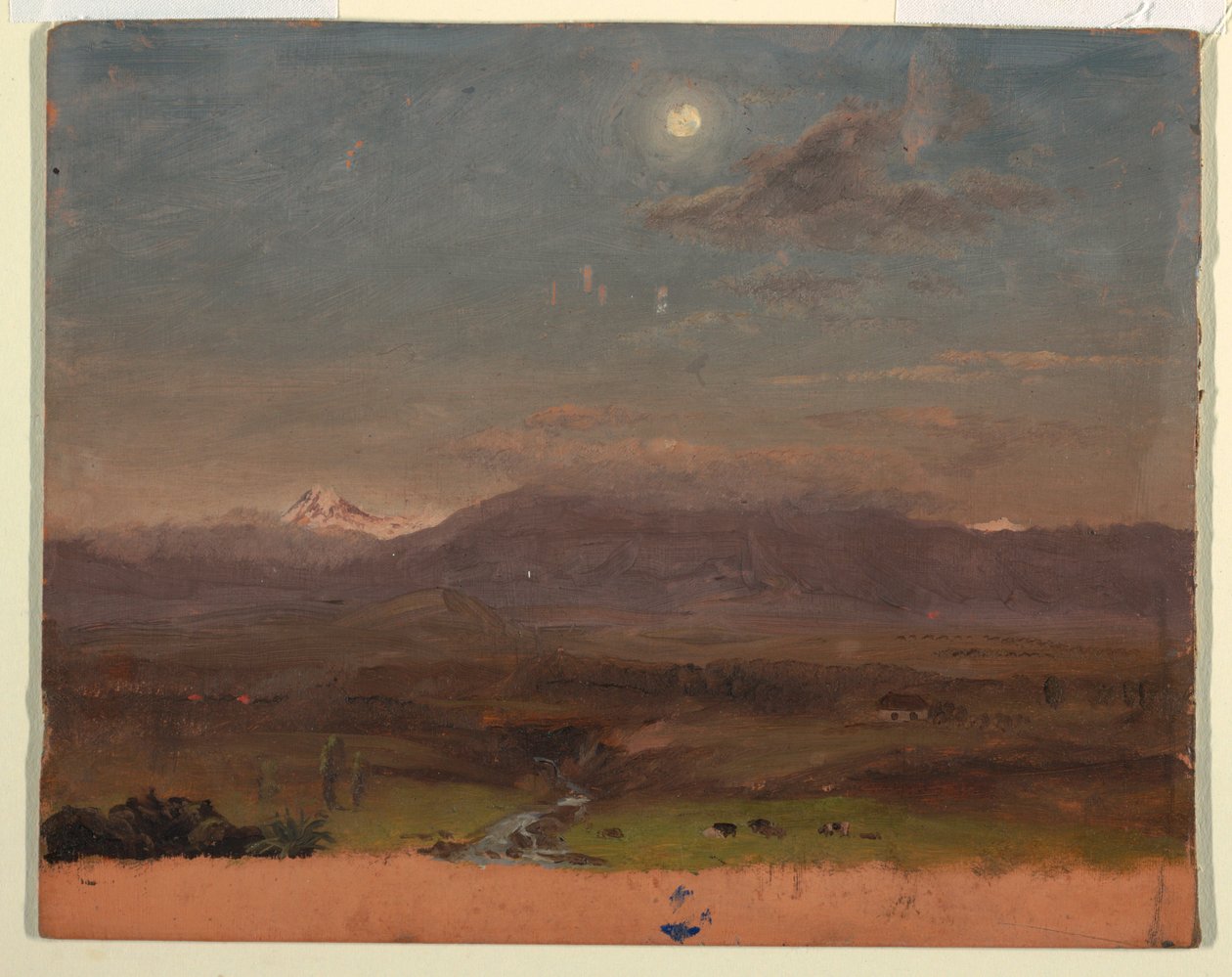 Rysunek, Kolumbia lub Ekwador, góry, światło księżyca, 1853 lub 1857 r. autorstwa Frederic Edwin Church