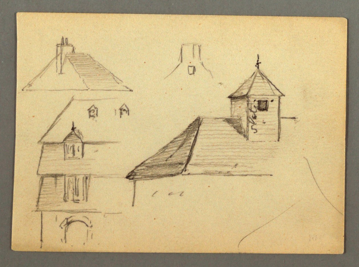 Rysunek, narożnik rezydencji, dachy, prawdopodobnie 1868 r. autorstwa Frederic Edwin Church