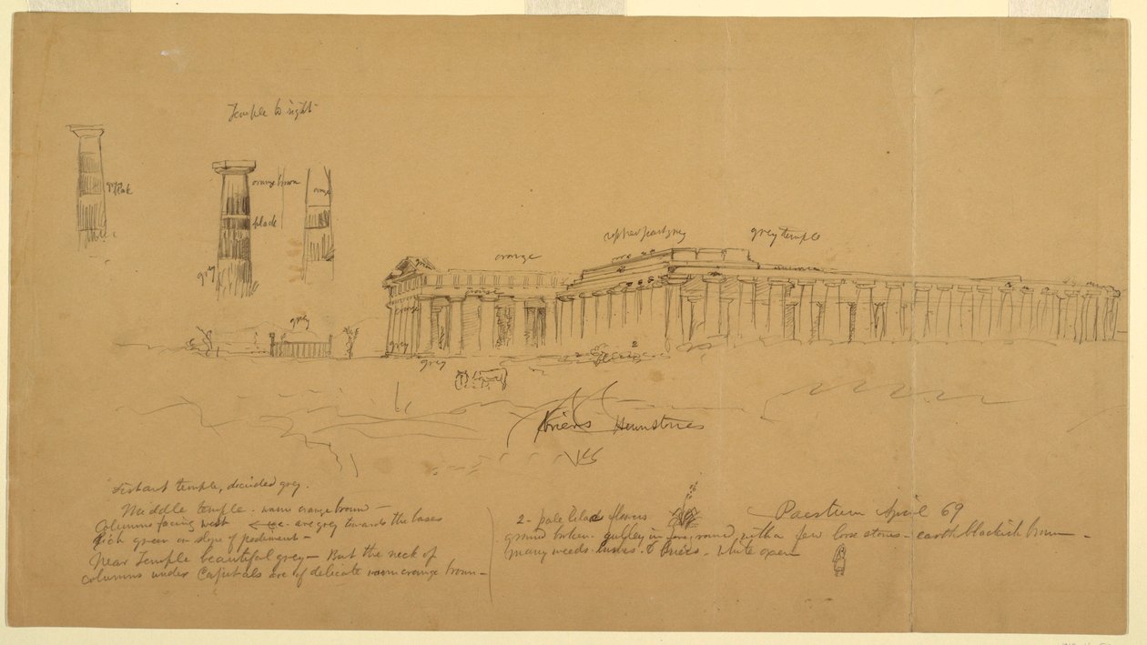 Rysunek, doryckie greckie świątynie Ateny (dawniej Ceres), Hery II (dawniej Neptuna) i Hery I (dawniej Bazyliki), Paestum, Salerno, Włochy, kwiecień 1869 r. autorstwa Frederic Edwin Church