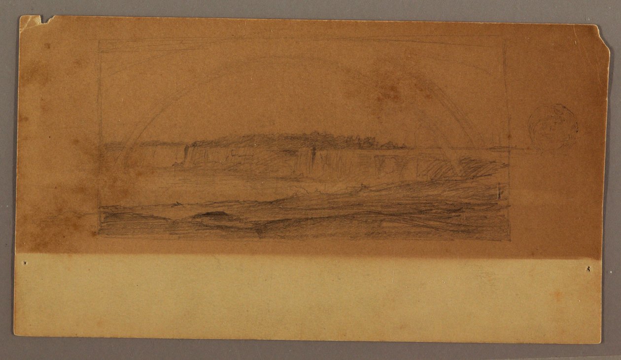 Rysunek, Podwójna tęcza nad wodospadem, rzeka Niagara, prawdopodobnie 1858 r. autorstwa Frederic Edwin Church