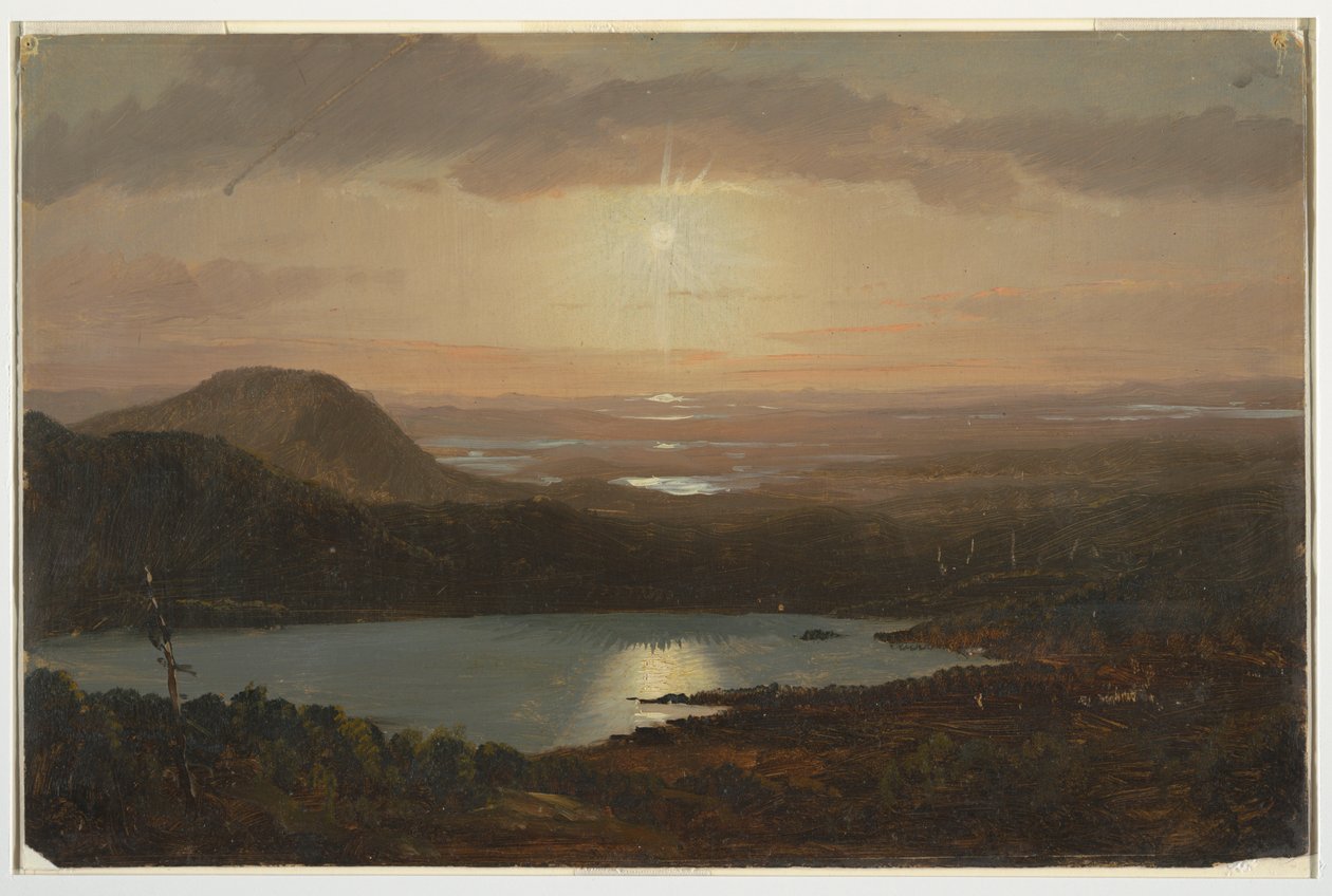 Rysunek, Jezioro Eagle widziane z góry Cadillac, Mount Desert Island, Maine, 1850-60 autorstwa Frederic Edwin Church