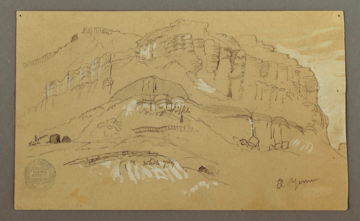 Rysunek, dolina El Yemen, Arabia:  Skalna ściana, 20 lutego 1868 r. autorstwa Frederic Edwin Church