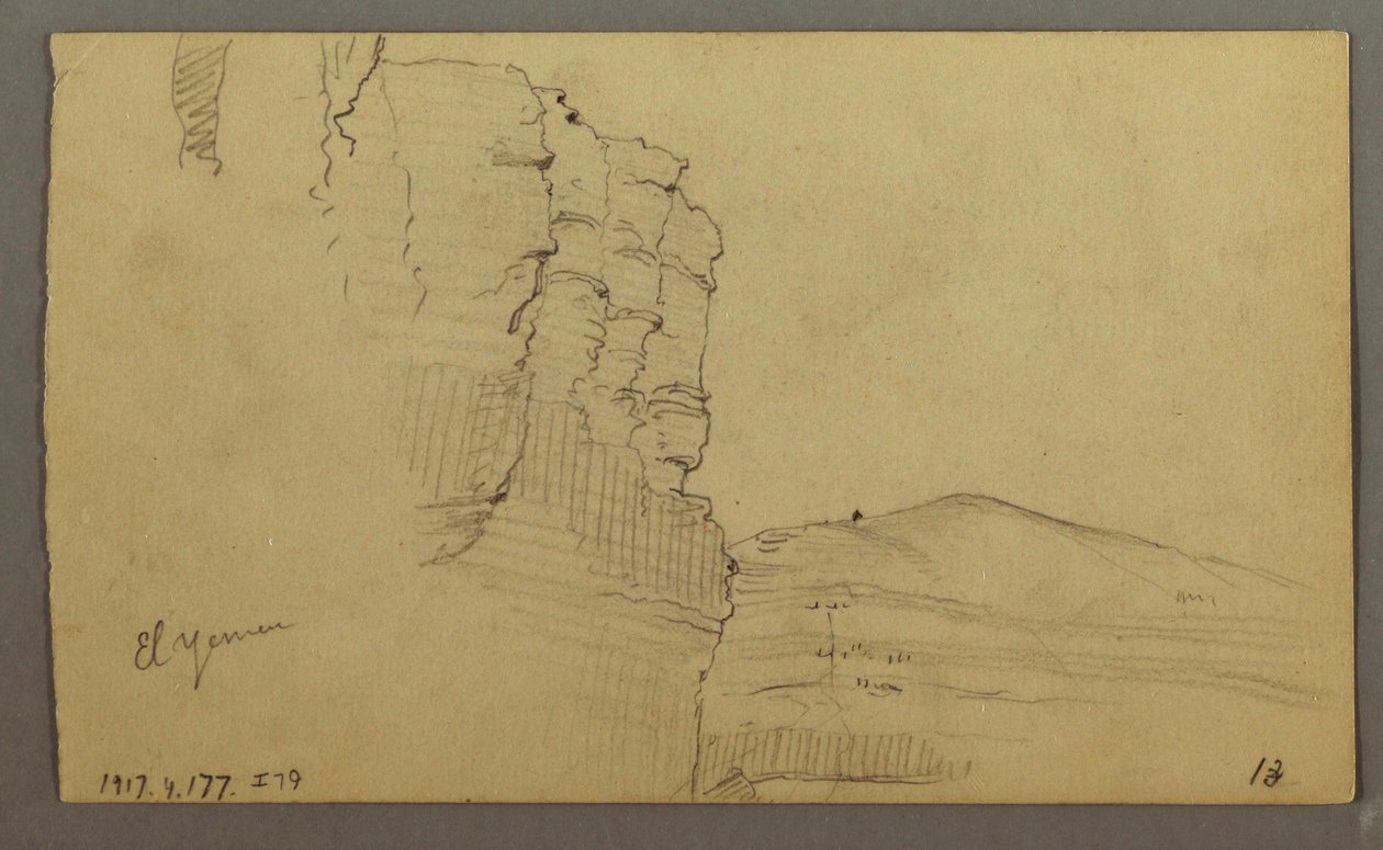 Rysunek, dolina El Yemen, Arabia: Skalna ściana z górną częścią przypominającą rząd kolumn, 20 lutego 1868 r. autorstwa Frederic Edwin Church
