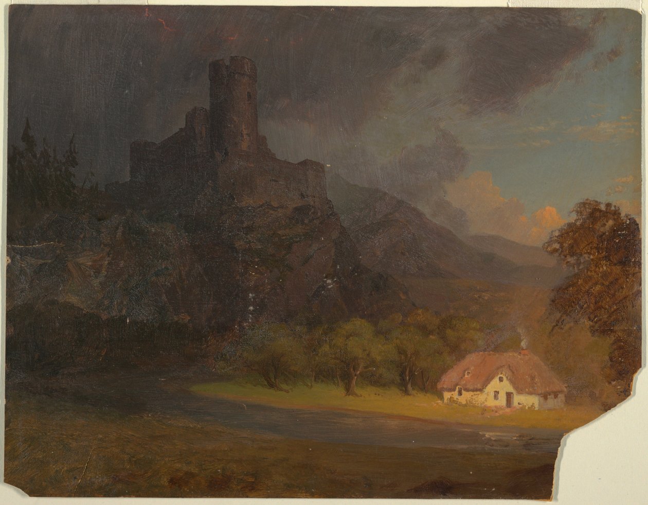 Rysunek, Angielski zamek i domek, ok. 1844 r. autorstwa Frederic Edwin Church