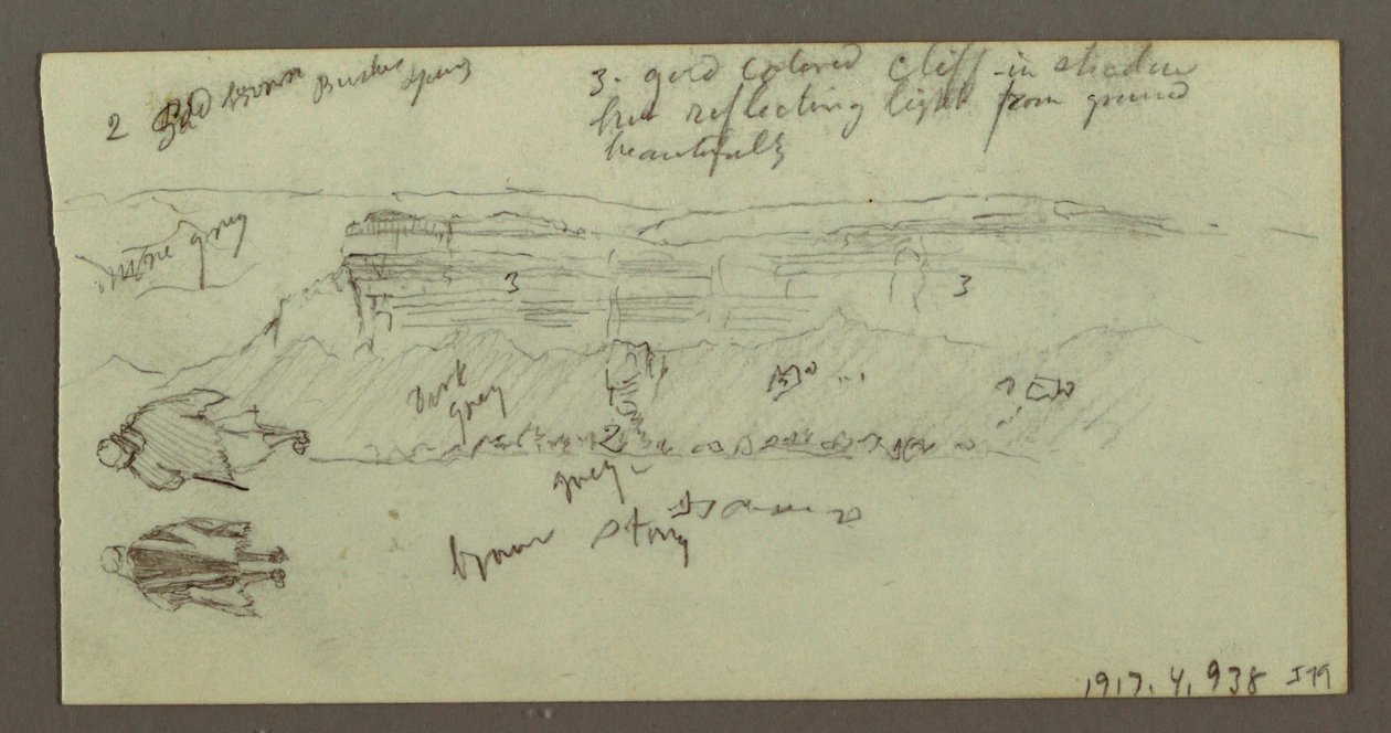 Rysunek, postać jadąca na wielbłądzie, postać idąca, Hilside i Hilltop, prawdopodobnie 1868 r. autorstwa Frederic Edwin Church