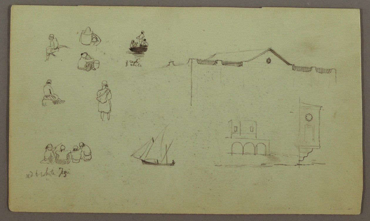Rysunek, studia postaci, żaglówka, studia architektoniczne, prawdopodobnie 1868 r. autorstwa Frederic Edwin Church