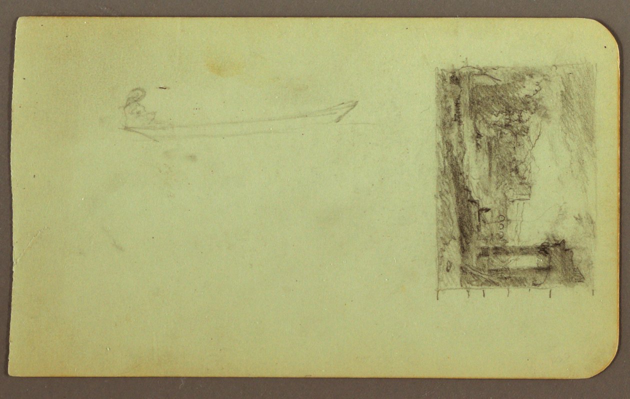 Rysunek, postać w skiffie, szkic obrazu; Verso: Napisy, grudzień 1883 r. autorstwa Frederic Edwin Church
