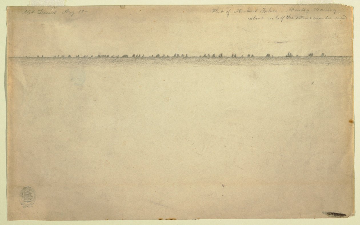 Rysunek, Flota poławiaczy makreli, Mount Desert, Maine, 19 sierpnia 1850 r. autorstwa Frederic Edwin Church