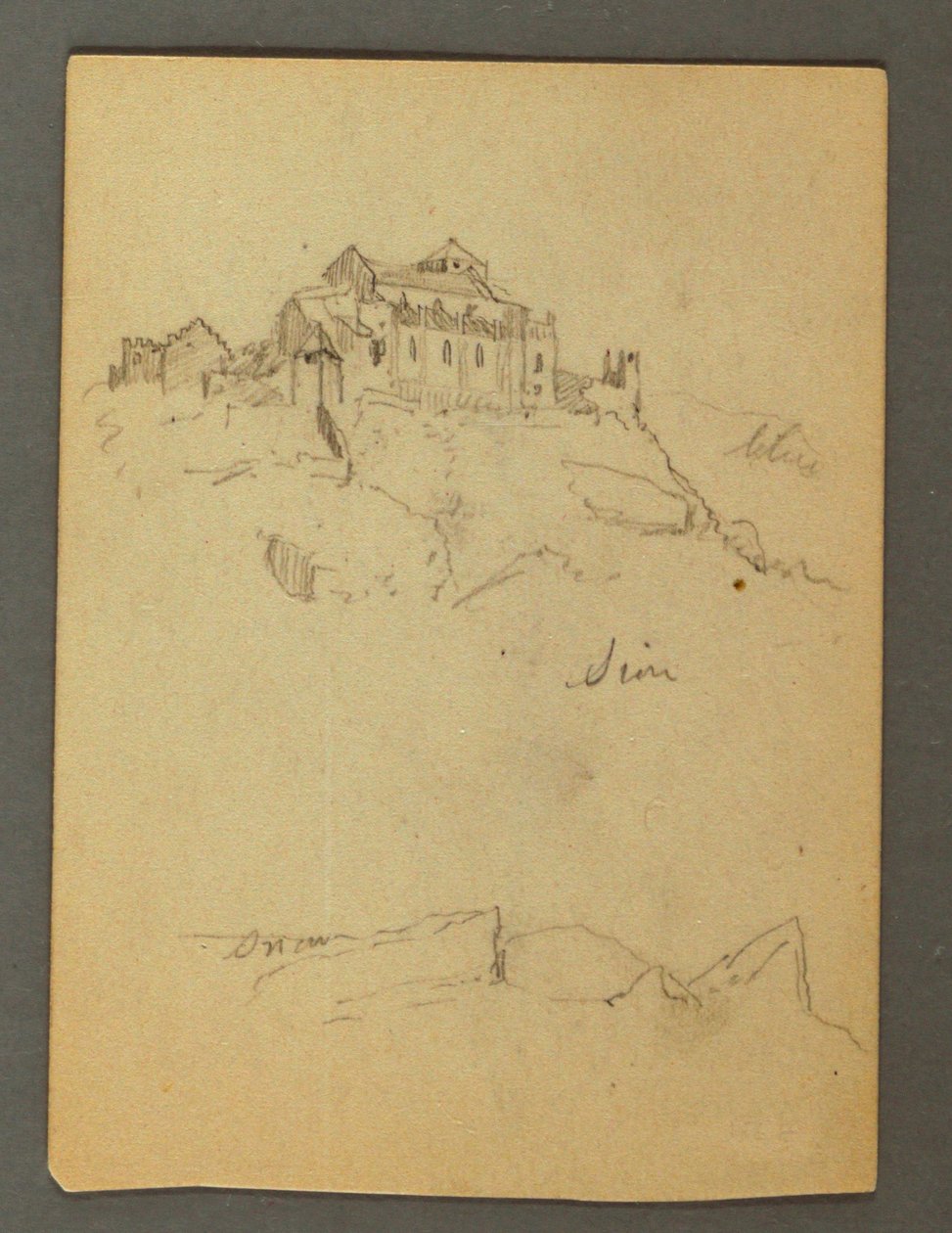 Rysunek, Fortyfikacja klifów, Sion, dolina Rodanu, prawdopodobnie 1868 r. autorstwa Frederic Edwin Church