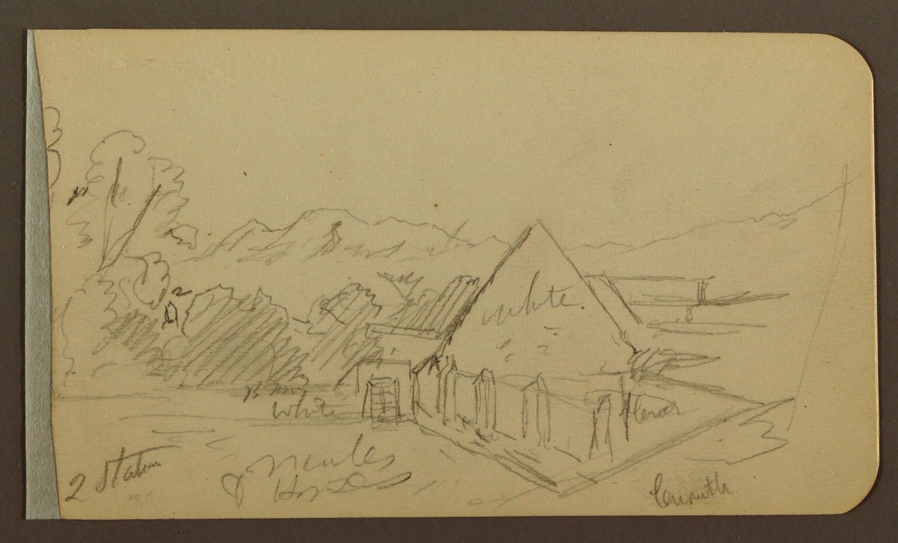 Rysunek, ogród, dom, Cuautla; Verso: kościół, stodoła, Cuautla, luty 1885 r. autorstwa Frederic Edwin Church