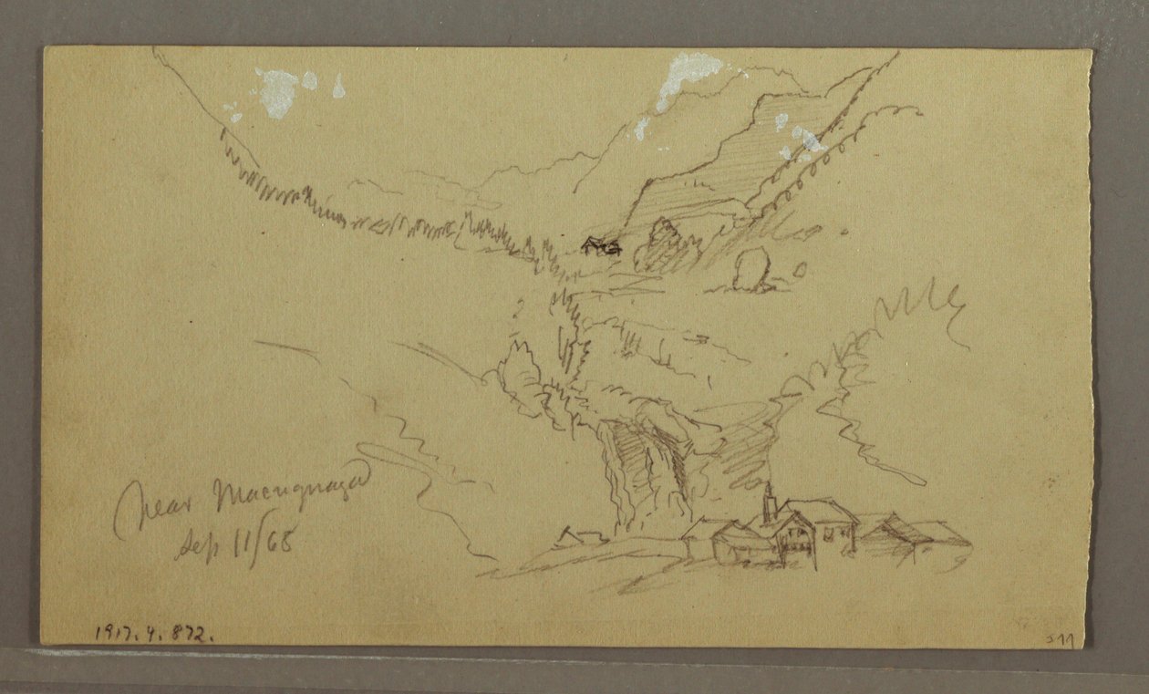 Rysunek, lodowiec, most i dom, wrzesień 1868 r. autorstwa Frederic Edwin Church