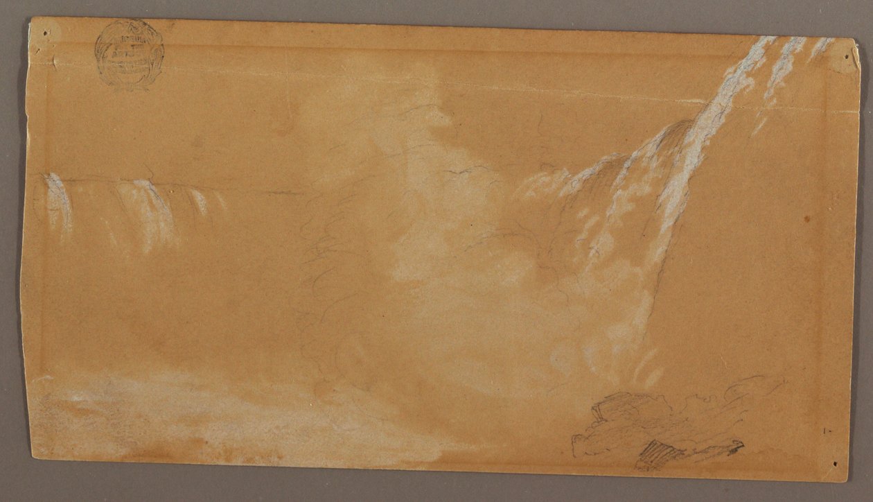 Rysunek przedstawiający większą część wodospadu Horseshoe Falls widzianą z kandyjskiej strony rzeki Niagara, prawdopodobnie 1858 r. autorstwa Frederic Edwin Church