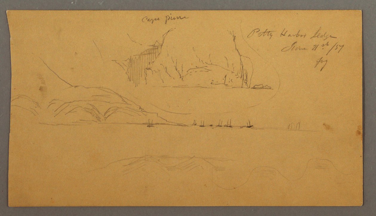 Rysunek, port, żaglówki, góry, 21 czerwca 1859 r. autorstwa Frederic Edwin Church