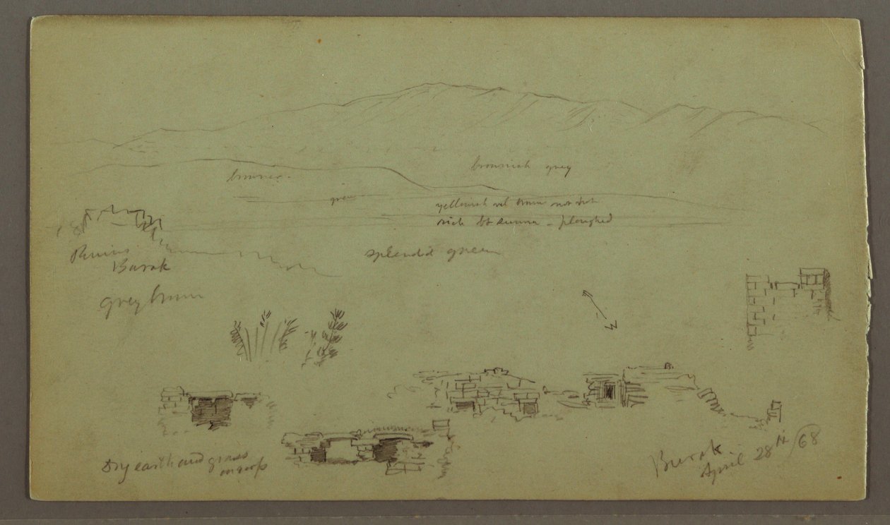Rysunek, pasmo wzgórz po drugiej stronie równiny, ruiny, 28 kwietnia 1868 r. autorstwa Frederic Edwin Church