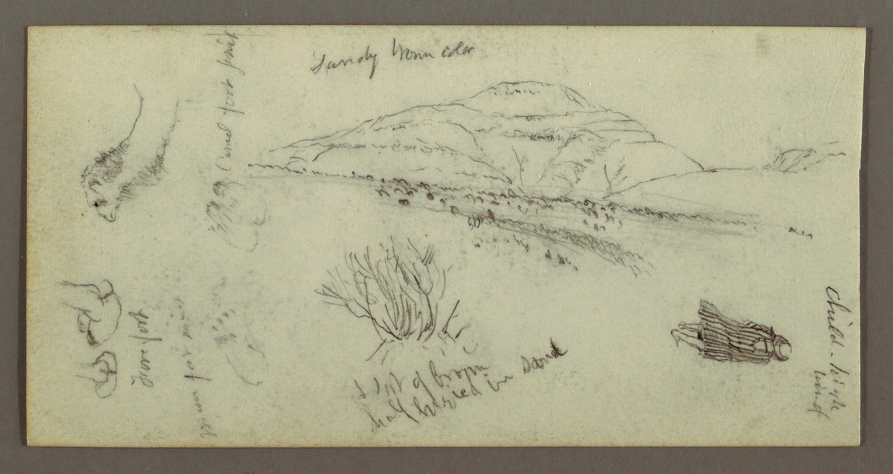 Rysunek, wzgórze, krzewy, postać, studium wielbłąda, prawdopodobnie 1868 r. autorstwa Frederic Edwin Church